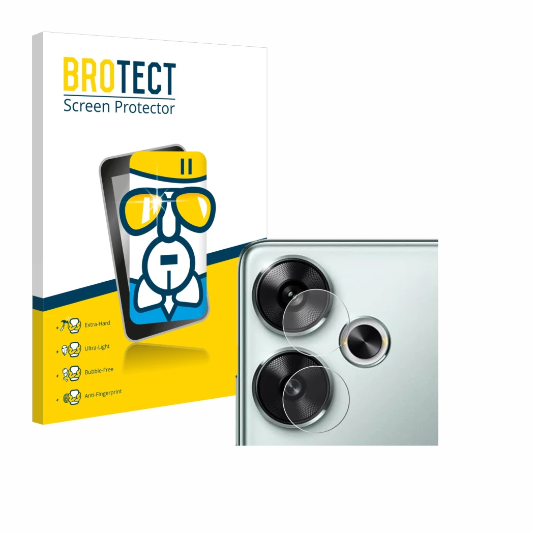 Face avant d’un emballage produit avec le logo de la marque BROTECT. À côté, l’appareil Xiaomi Poco F6 (Caméra UNIQUEMENT) est