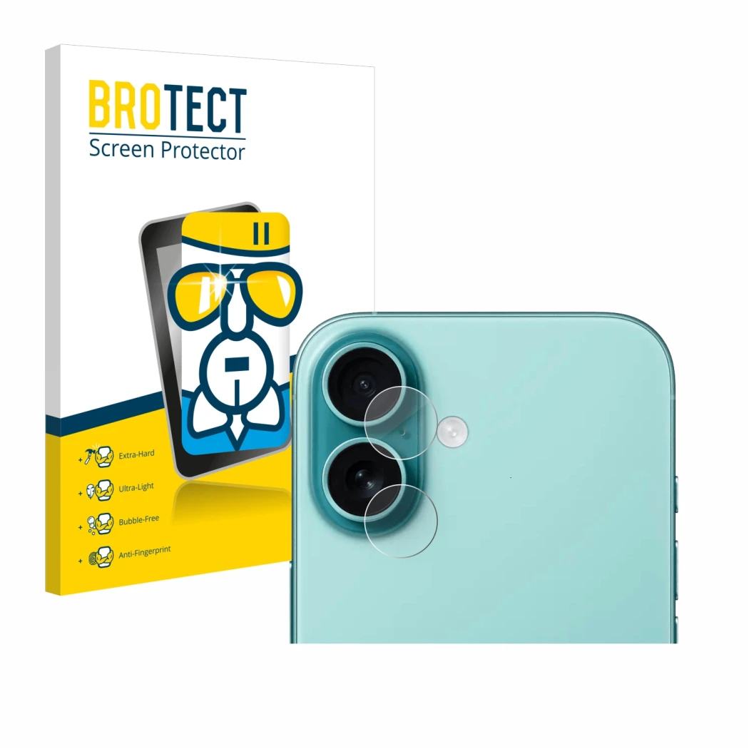 Face avant d’un emballage produit avec le logo de la marque BROTECT. À côté, l’appareil Apple iPhone 16 (Caméra UNIQUEMENT) es