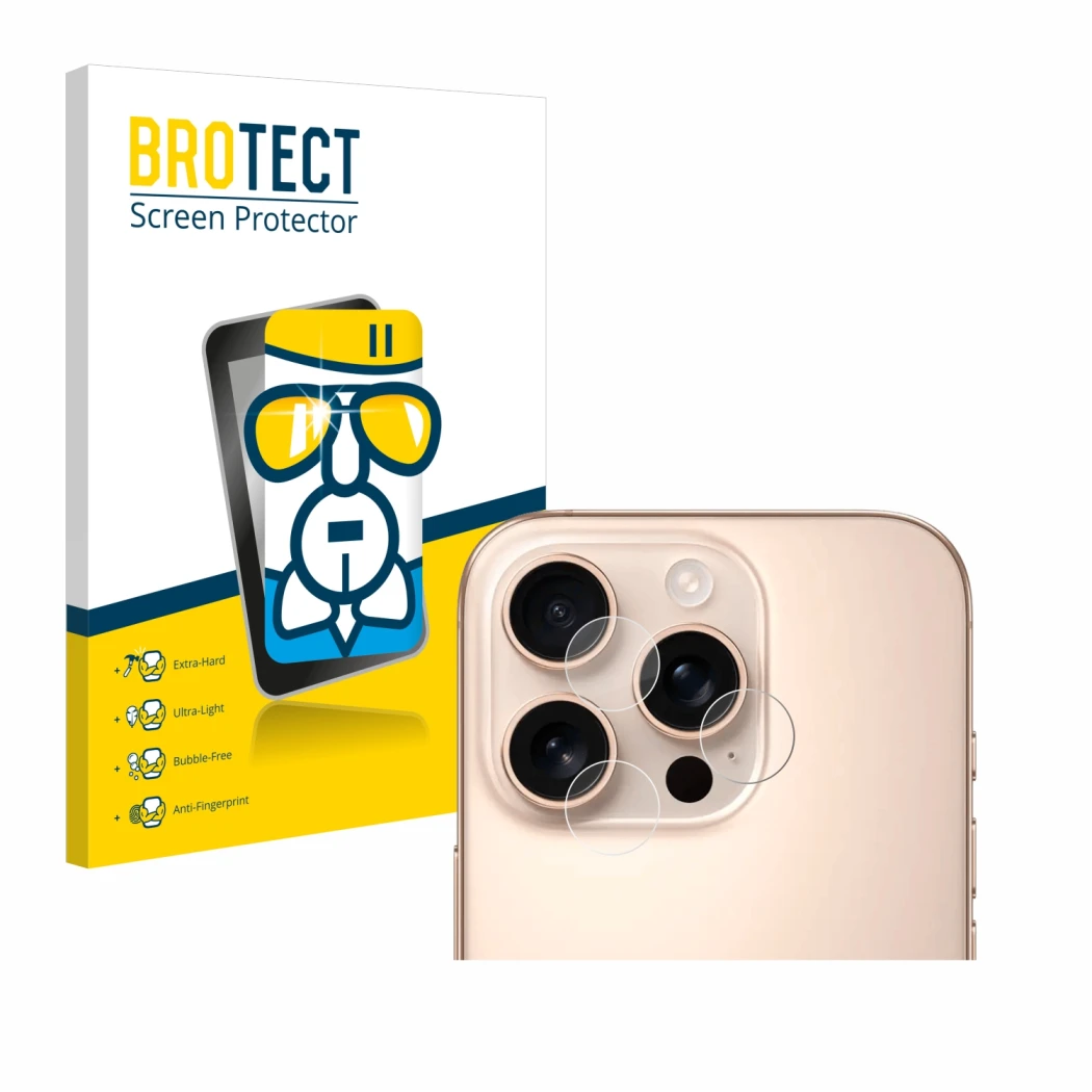 Face avant d’un emballage produit avec le logo de la marque BROTECT. À côté, l’appareil Apple iPhone 16 Pro (Caméra UNIQUEMENT