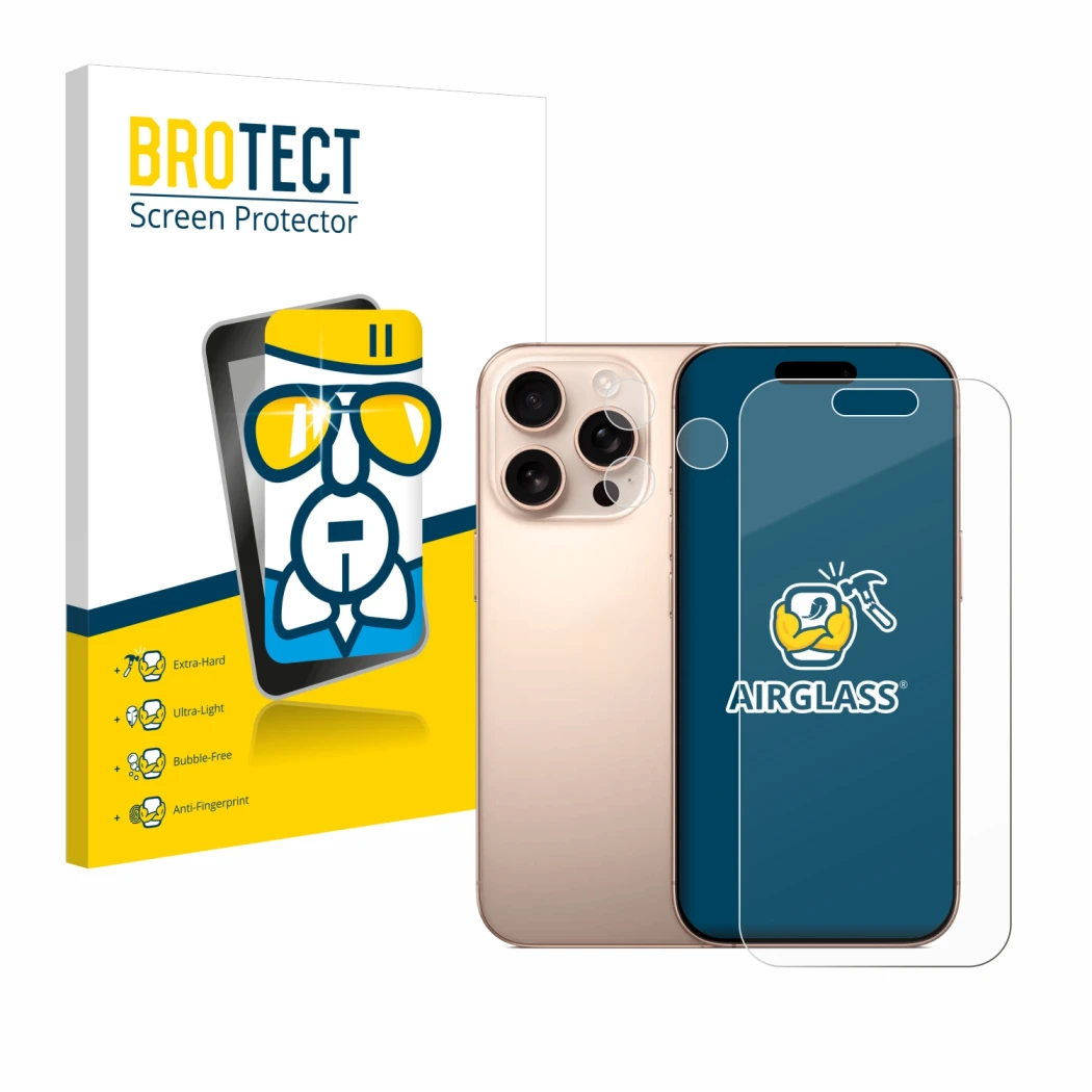 Face avant d’un emballage produit avec le logo de la marque BROTECT. À côté, l’appareil Apple iPhone 16 Pro (Avant+Caméra) est