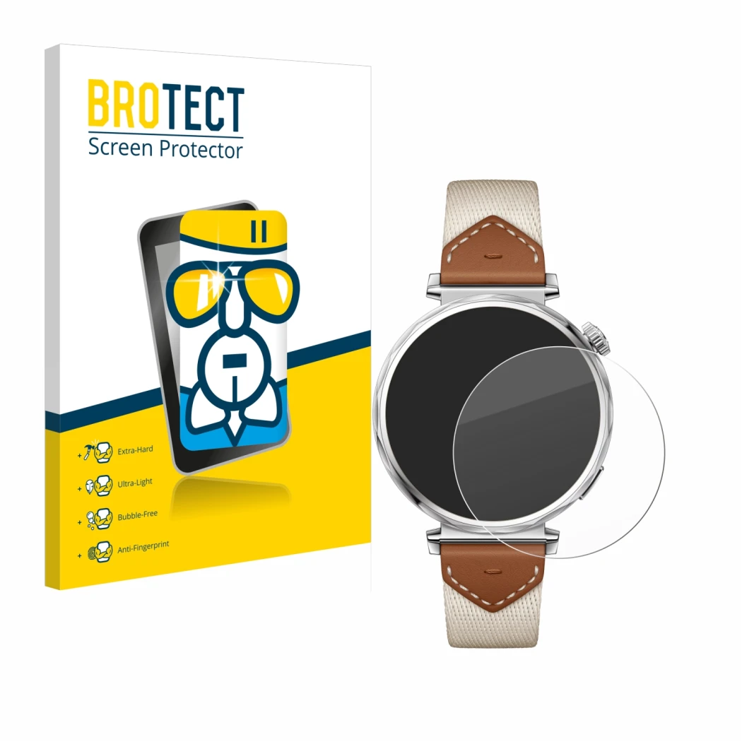 Face avant d’un emballage produit avec le logo de la marque BROTECT. À côté, l’appareil Huawei Watch GT 5 (41 mm) est représen