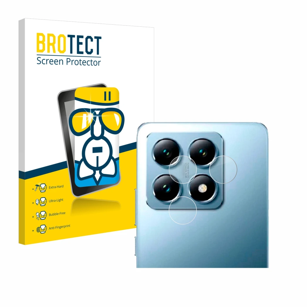 Face avant d’un emballage produit avec le logo de la marque BROTECT. À côté, l’appareil Xiaomi 14T (Caméra UNIQUEMENT) est rep