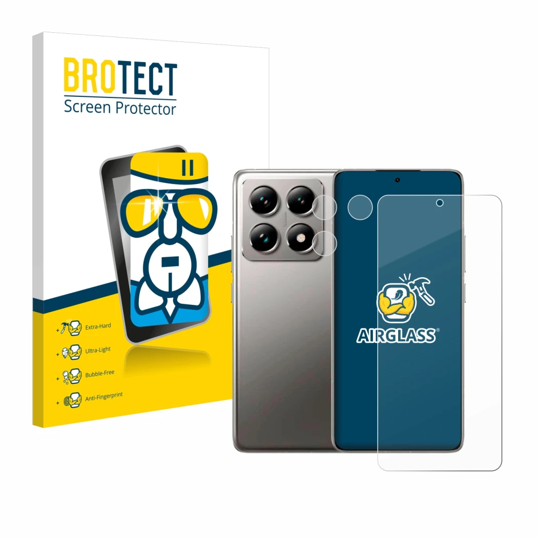 Face avant d’un emballage produit avec le logo de la marque BROTECT. À côté, l’appareil Xiaomi 14T (Avant+Caméra) est représen