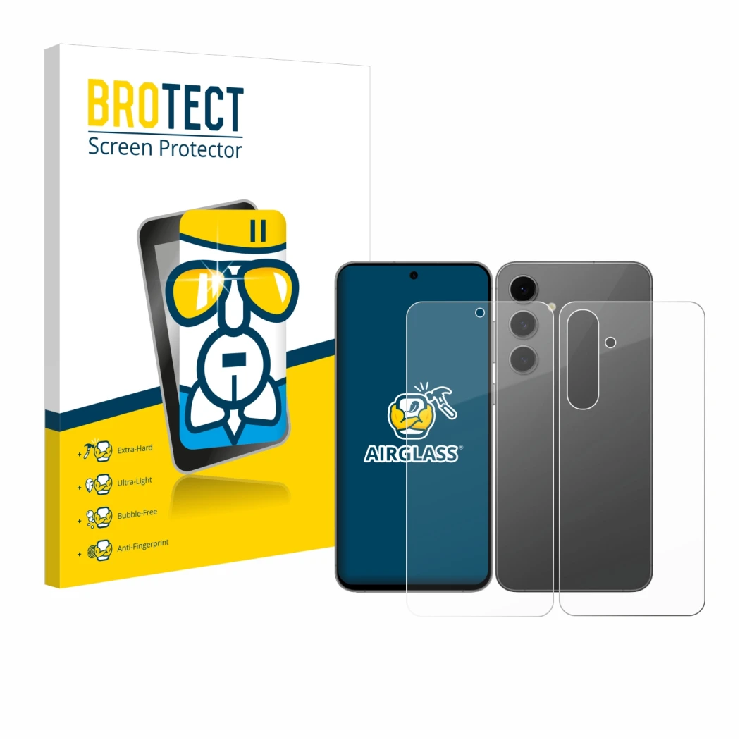 Face avant d’un emballage produit avec le logo de la marque BROTECT. À côté, l’appareil Samsung Galaxy S24 FE (Avant+Arrière) 