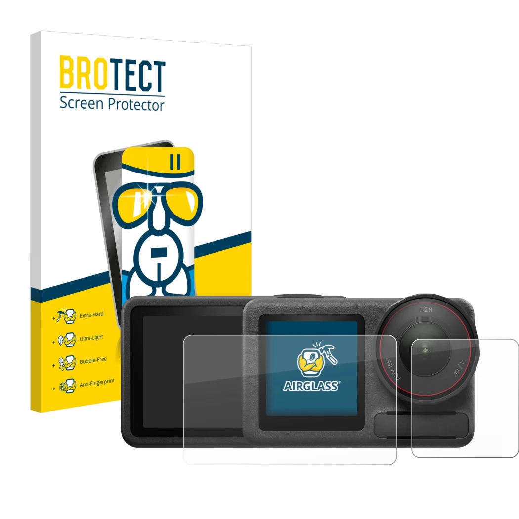 Face avant d’un emballage produit avec le logo de la marque BROTECT. À côté, l’appareil DJI Osmo Action 5 Pro (case-friendly) 