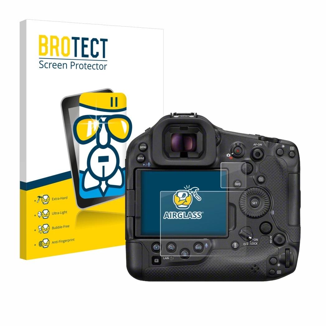 Face avant d’un emballage produit avec le logo de la marque BROTECT. À côté, l’appareil Canon EOS R1 est représenté avec la pr