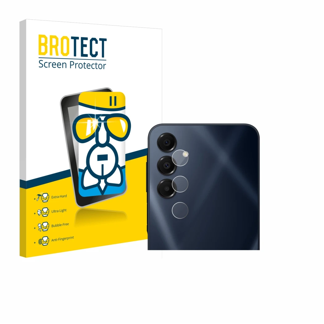 Face avant d’un emballage produit avec le logo de la marque BROTECT. À côté, l’appareil Samsung Galaxy A16 5G (Caméra UNIQUEME