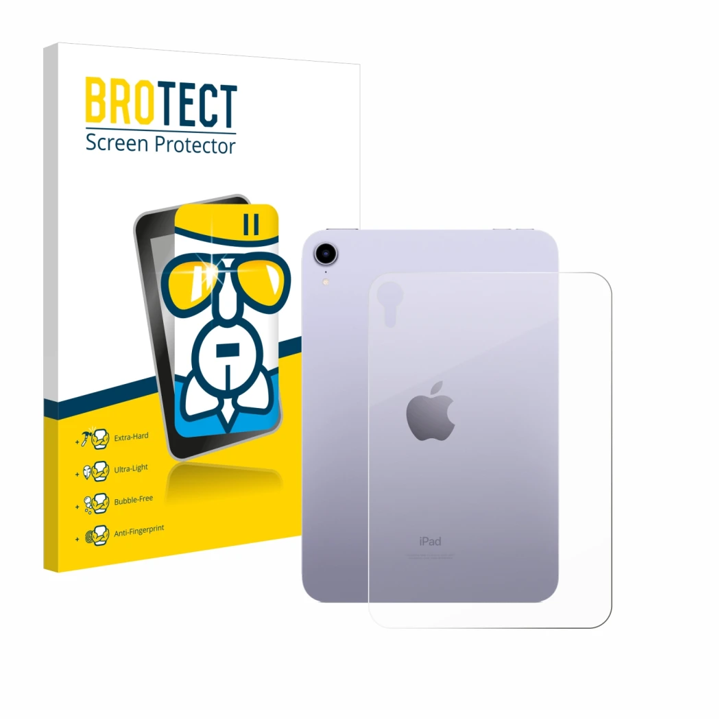 Face avant d’un emballage produit avec le logo de la marque BROTECT. À côté, l’appareil Apple iPad Mini 7 WiFi 2024 (Arrière) 