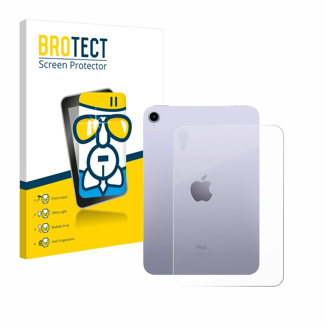 Face avant d’un emballage produit avec le logo de la marque BROTECT. À côté, l’appareil Apple iPad Mini 7 2024 (Arrière) est r