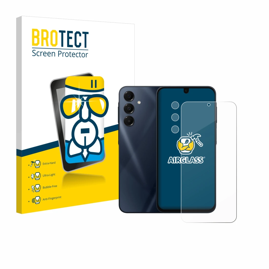 Face avant d’un emballage produit avec le logo de la marque BROTECT. À côté, l’appareil Samsung Galaxy A16 4G (Avant+Caméra) e