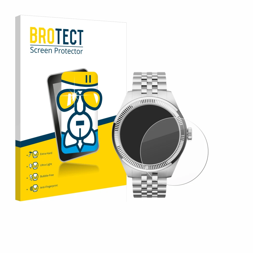 Face avant d’un emballage produit avec le logo de la marque BROTECT. À côté, l’appareil Withings ScanWatch Nova Brilliant (39 