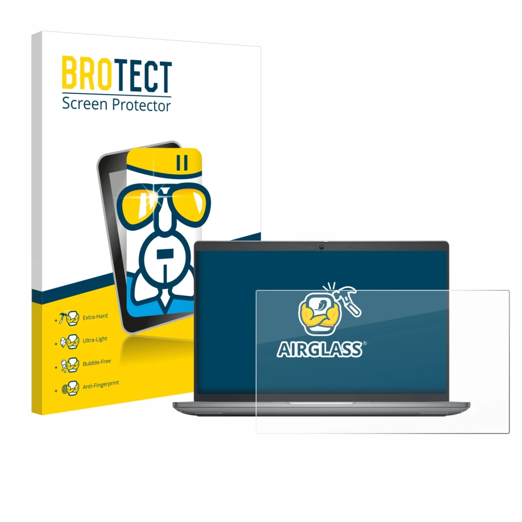 Face avant d’un emballage produit avec le logo de la marque BROTECT. À côté, l’appareil Dell Latitude 5450 Laptop 14