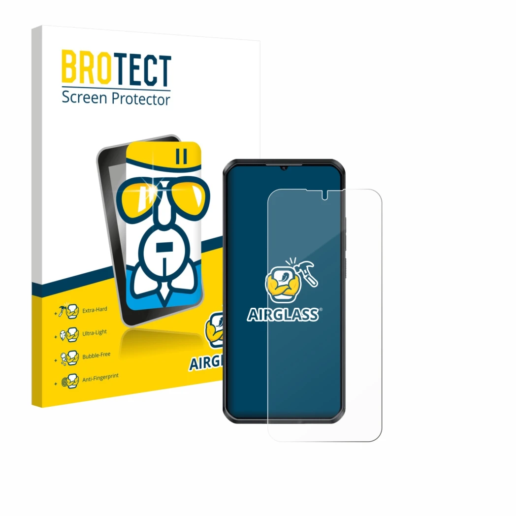 Face avant d’un emballage produit avec le logo de la marque BROTECT. À côté, l’appareil Oukitel WP52 est représenté avec la pr