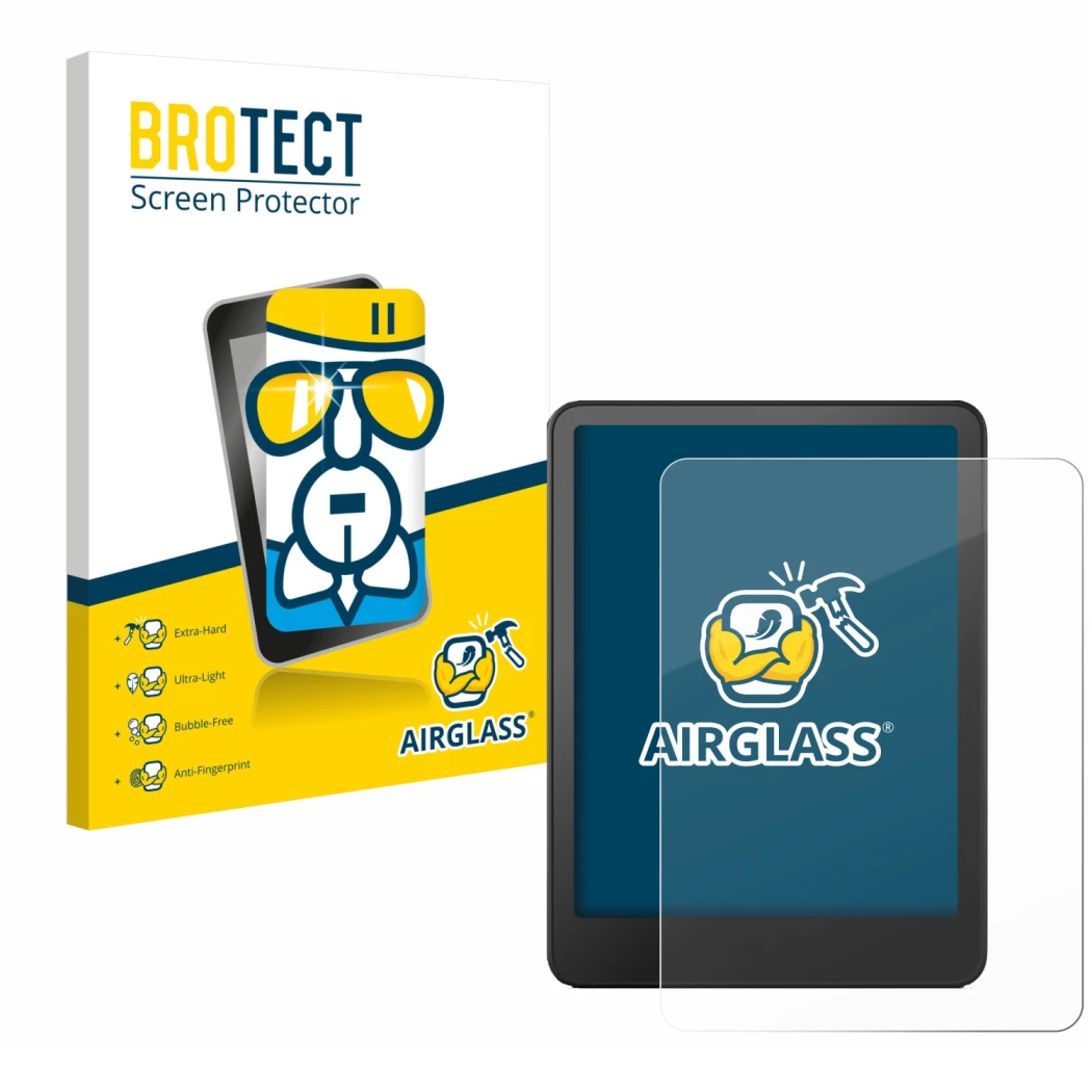 Face avant d’un emballage produit avec le logo de la marque BROTECT. À côté, l’appareil Amazon Kindle Paperwhite 2024 (12. Gen