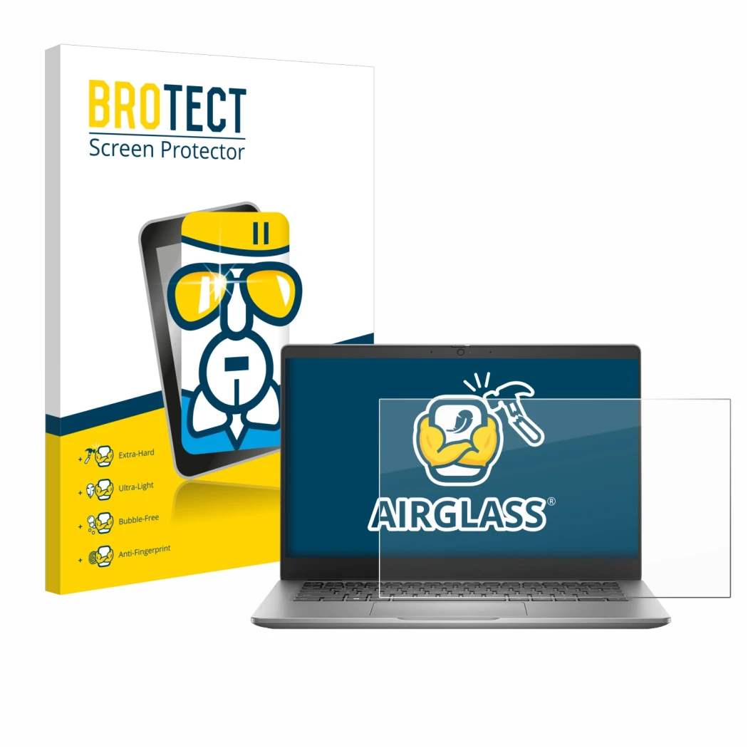 Face avant d’un emballage produit avec le logo de la marque BROTECT. À côté, l’appareil Dell Latitude 3340 Laptop 13.3