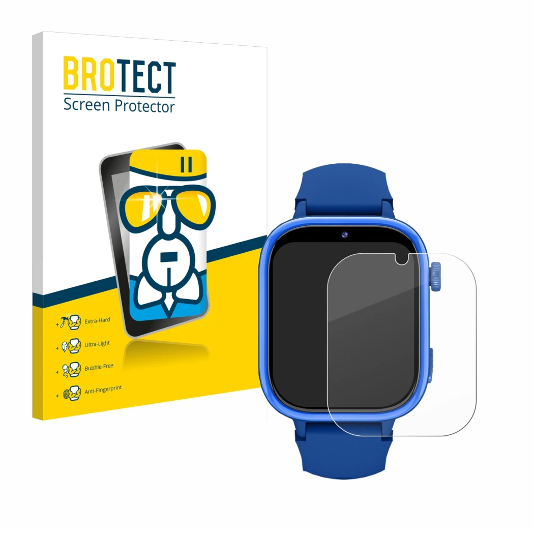 Face avant d’un emballage produit avec le logo de la marque BROTECT. À côté, l’appareil Banlvs 4G Kids Smartwatch 1.83