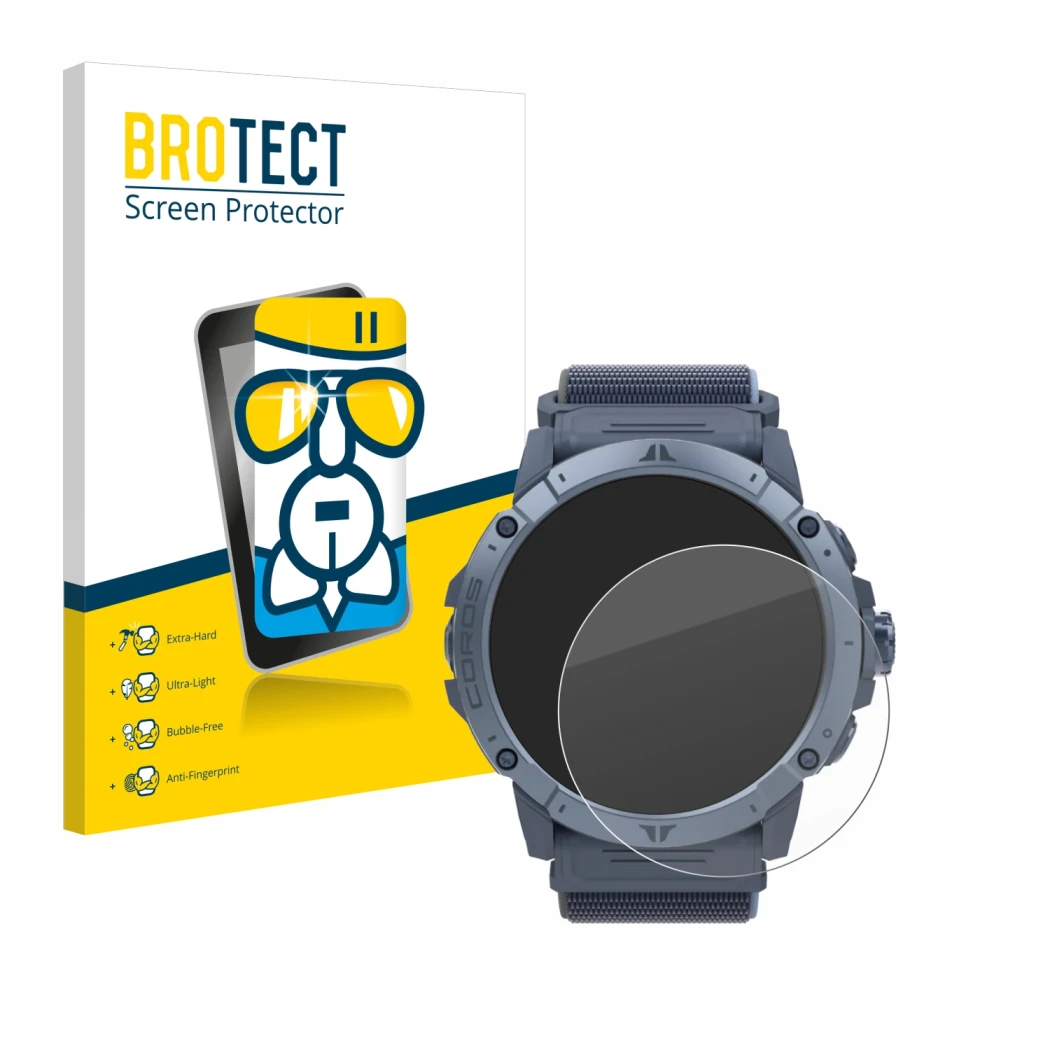 Face avant d’un emballage produit avec le logo de la marque BROTECT. À côté, l’appareil Coros Vertix 2S est représenté avec la