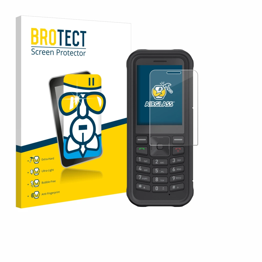Face avant d’un emballage produit avec le logo de la marque BROTECT. À côté, l’appareil Sonim XP100 est représenté avec la pro