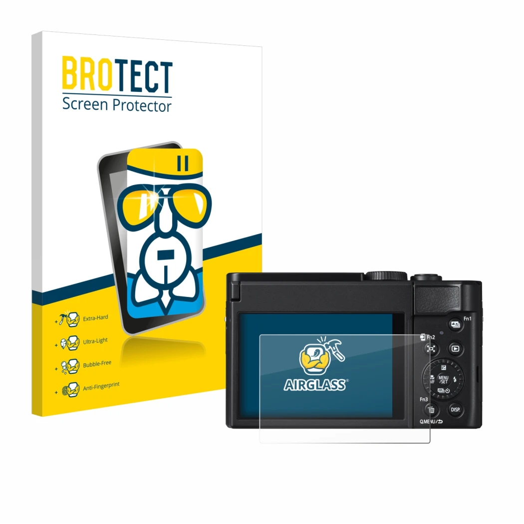 Face avant d’un emballage produit avec le logo de la marque BROTECT. À côté, l’appareil Panasonic Lumix DC-TZ99 est représenté