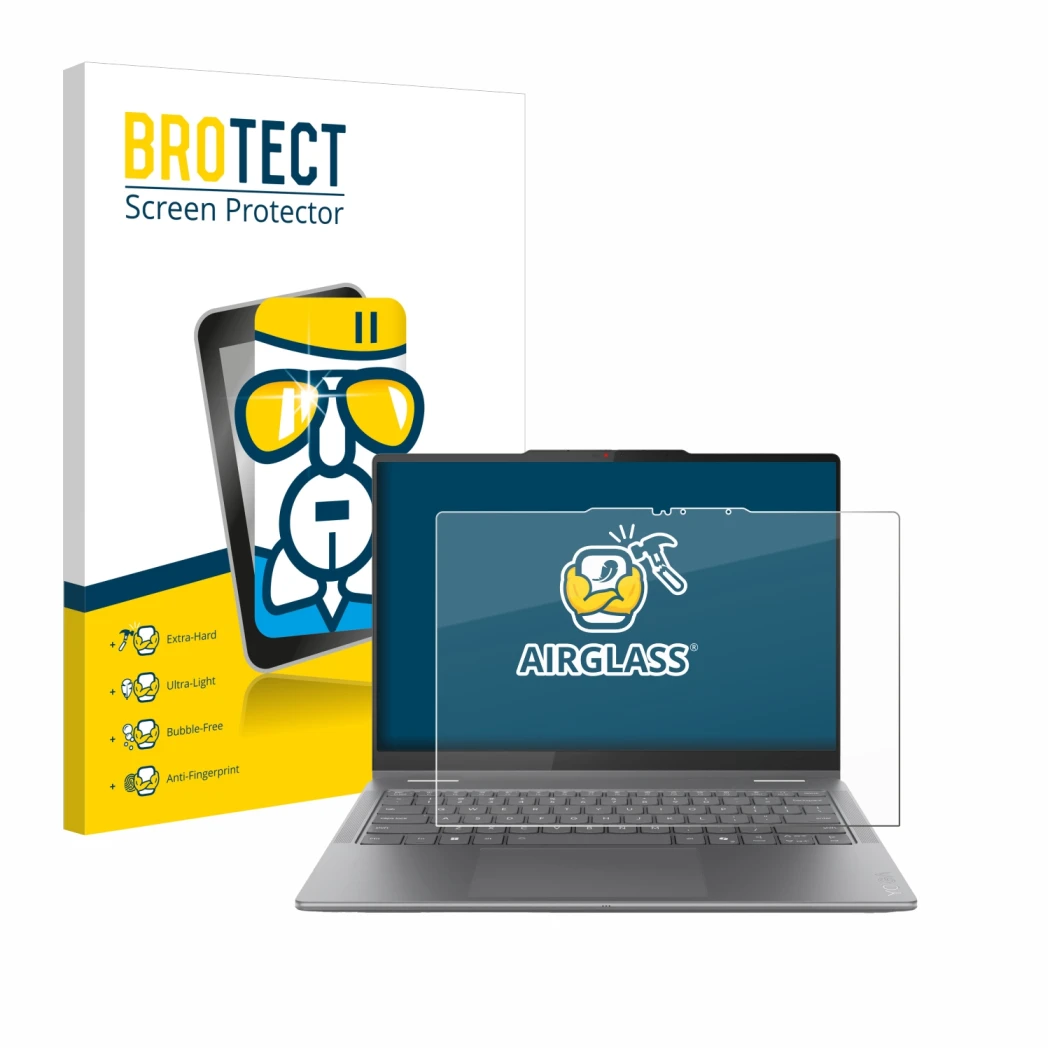 Face avant d’un emballage produit avec le logo de la marque BROTECT. À côté, l’appareil Lenovo Yoga 7i 2-in-1 Gen 10 14