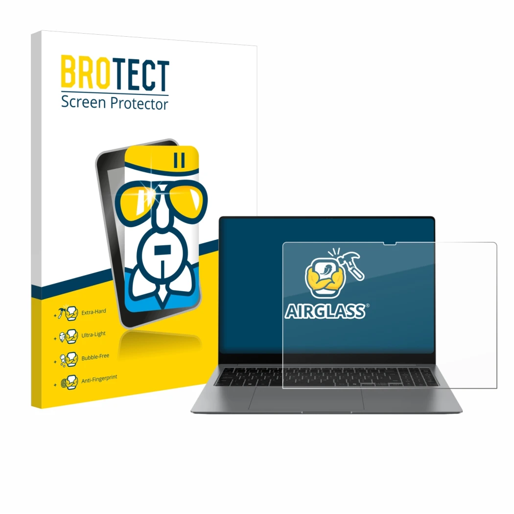 Face avant d’un emballage produit avec le logo de la marque BROTECT. À côté, l’appareil Samsung Galaxy Book5 Pro 16