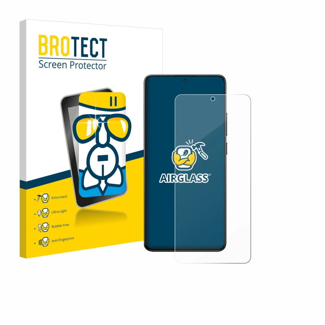 Face avant d’un emballage produit avec le logo de la marque BROTECT. À côté, l’appareil Xiaomi Poco X7 Pro est représenté avec