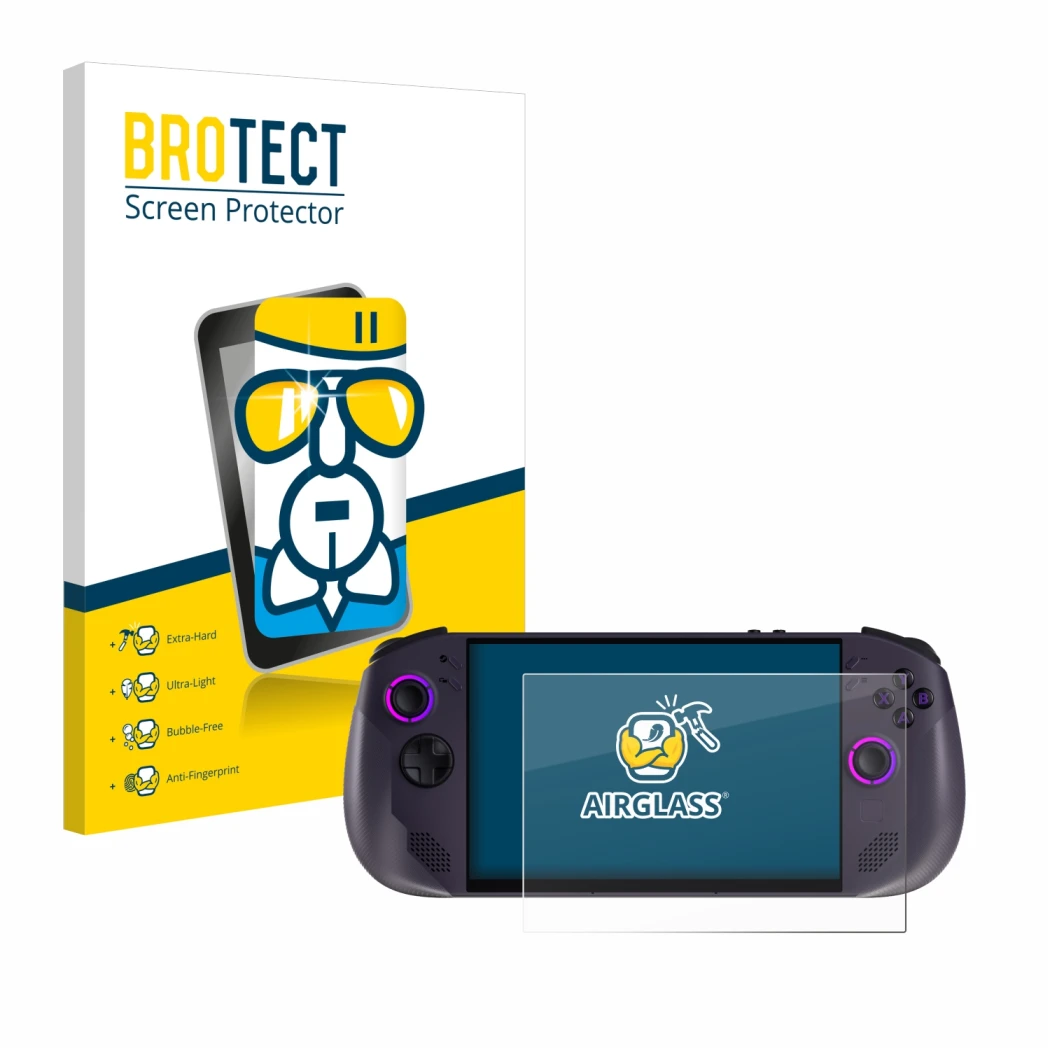 Face avant d’un emballage produit avec le logo de la marque BROTECT. À côté, l’appareil Lenovo Legion Go S est représenté avec