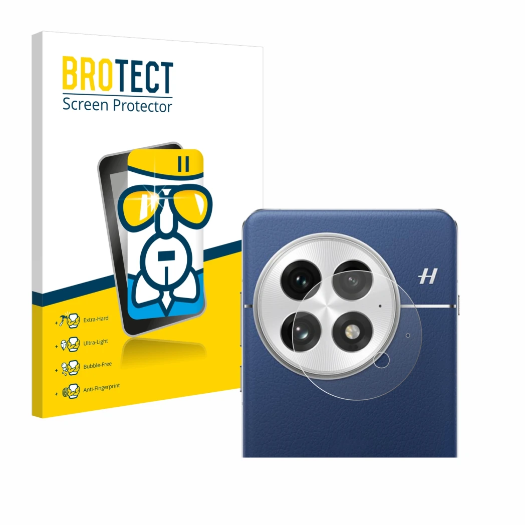 Face avant d’un emballage produit avec le logo de la marque BROTECT. À côté, l’appareil OnePlus 13 (Caméra UNIQUEMENT) est rep