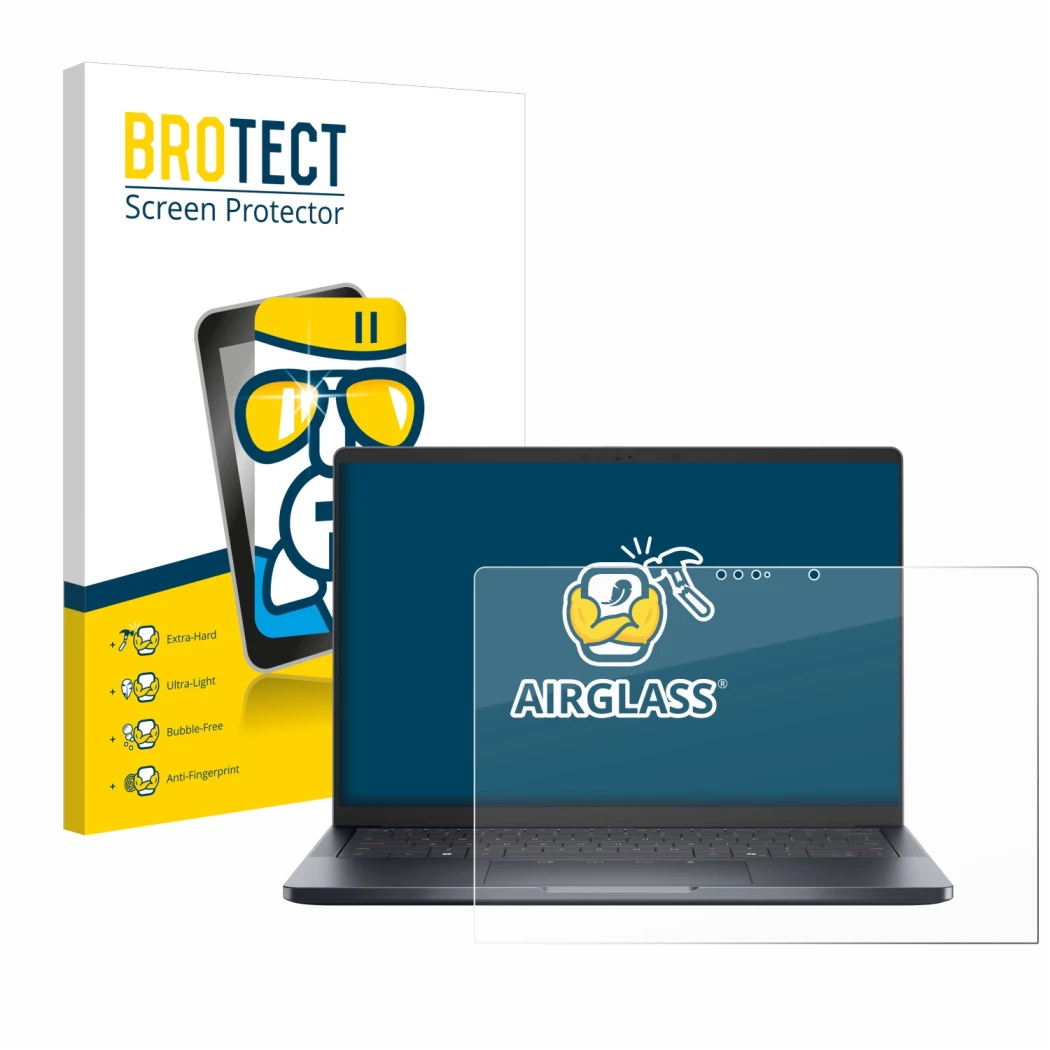 Face avant d’un emballage produit avec le logo de la marque BROTECT. À côté, l’appareil Dell Pro 14 Premium PA14250 Touch est 