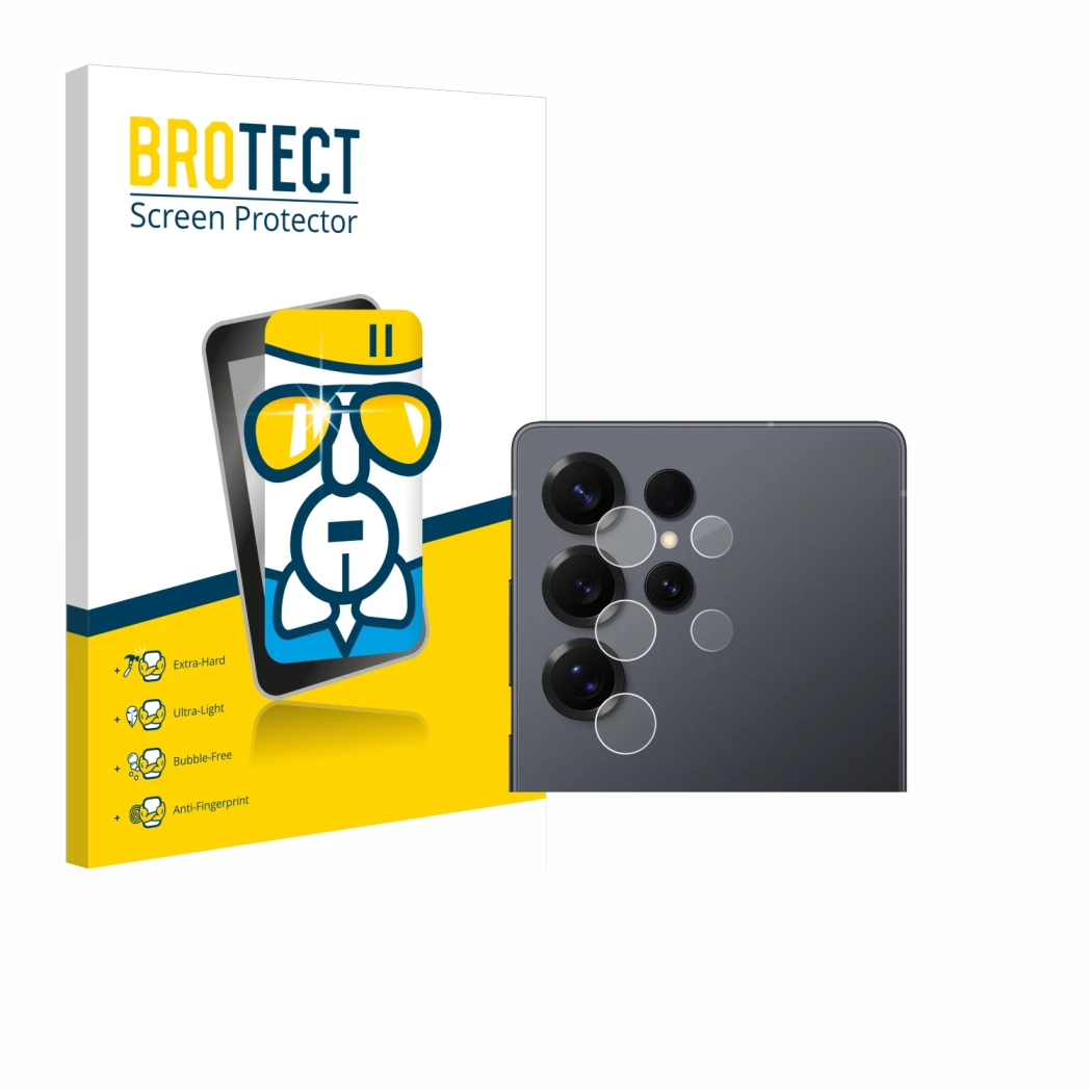 Face avant d’un emballage produit avec le logo de la marque BROTECT. À côté, l’appareil Samsung Galaxy S25 Ultra (Caméra UNIQU