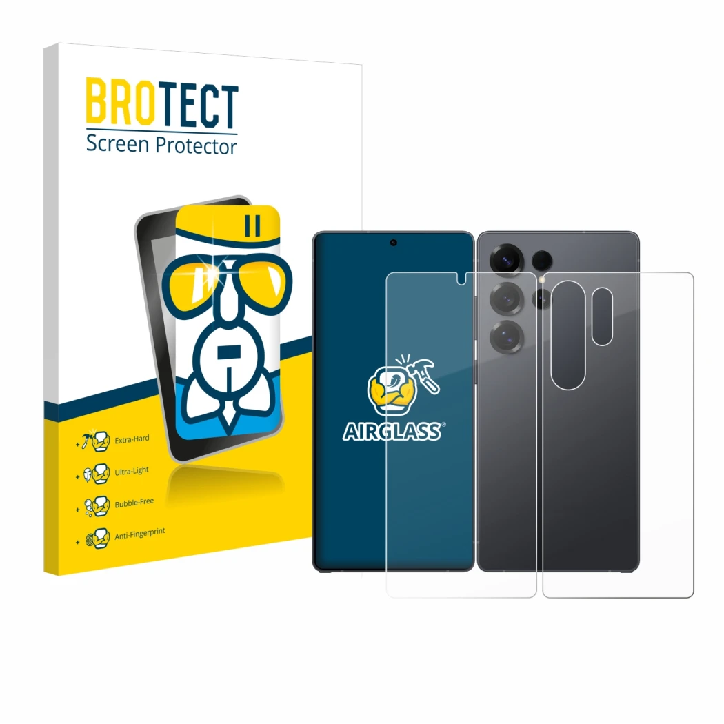 Face avant d’un emballage produit avec le logo de la marque BROTECT. À côté, l’appareil Samsung Galaxy S25 Ultra (Avant+Arrièr