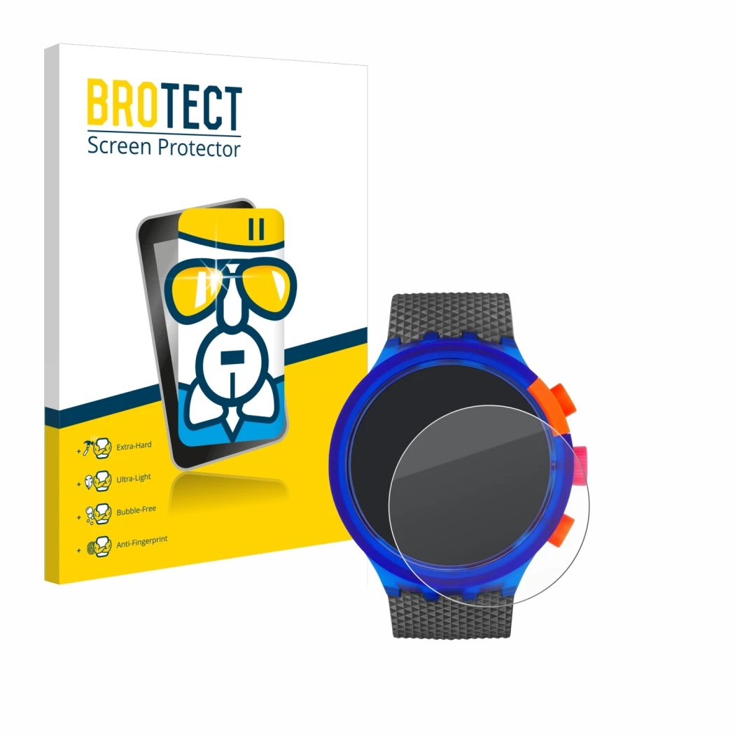 Face avant d’un emballage produit avec le logo de la marque BROTECT. À côté, l’appareil Swatch Neon Party est représenté avec