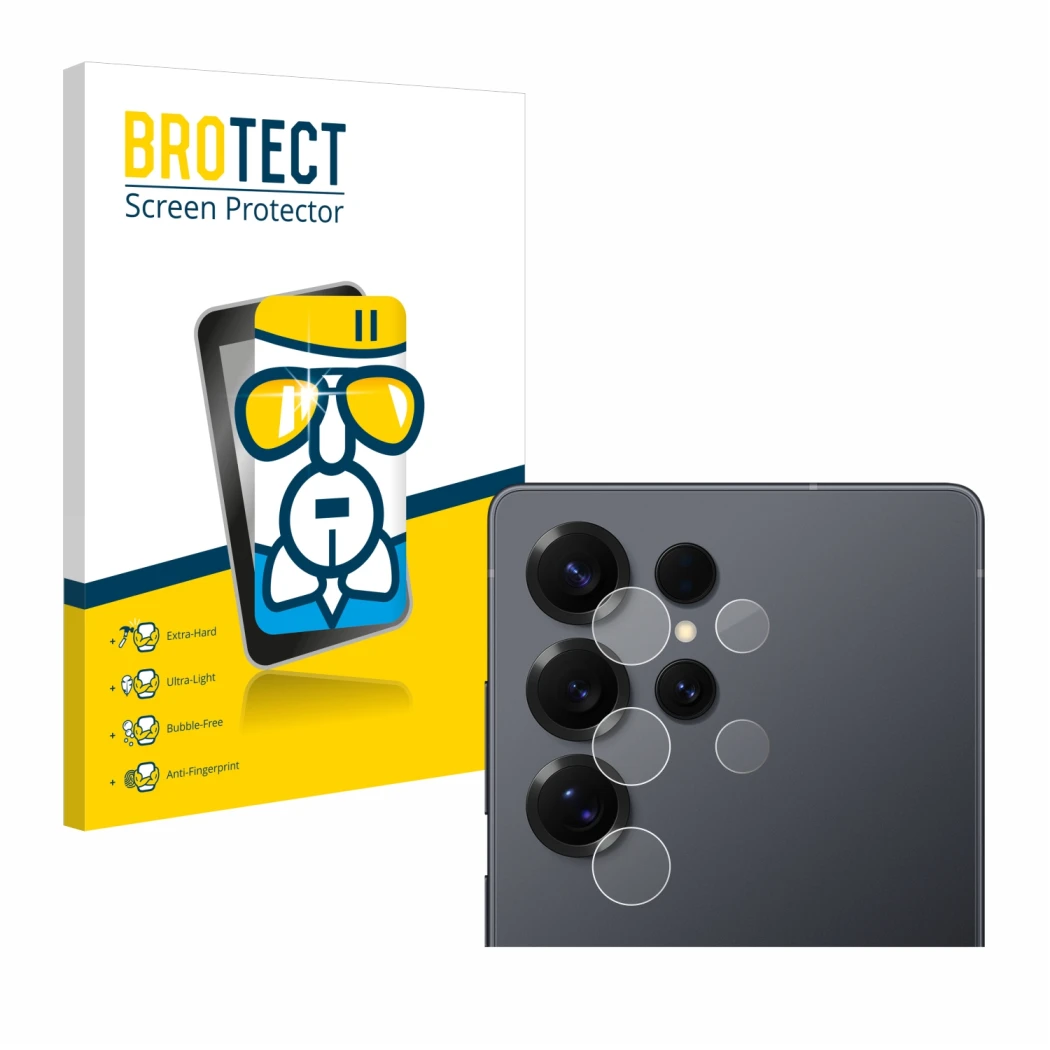 Face avant d’un emballage produit avec le logo de la marque BROTECT. À côté, l’appareil Samsung Galaxy S25 Ultra Enterprise Ed