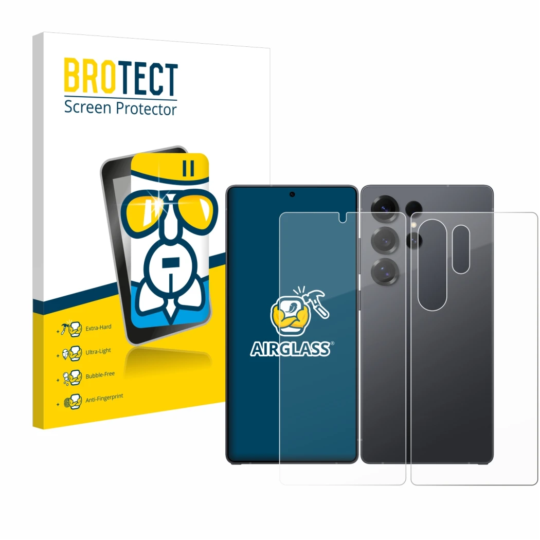 Face avant d’un emballage produit avec le logo de la marque BROTECT. À côté, l’appareil Samsung Galaxy S25 Ultra Enterprise Ed