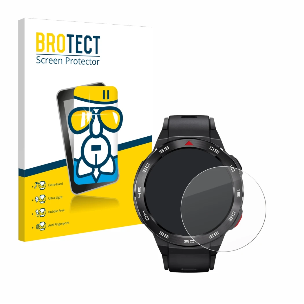 Face avant d’un emballage produit avec le logo de la marque BROTECT. À côté, l’appareil Xiaomi Mibro GS Pro est représenté ave