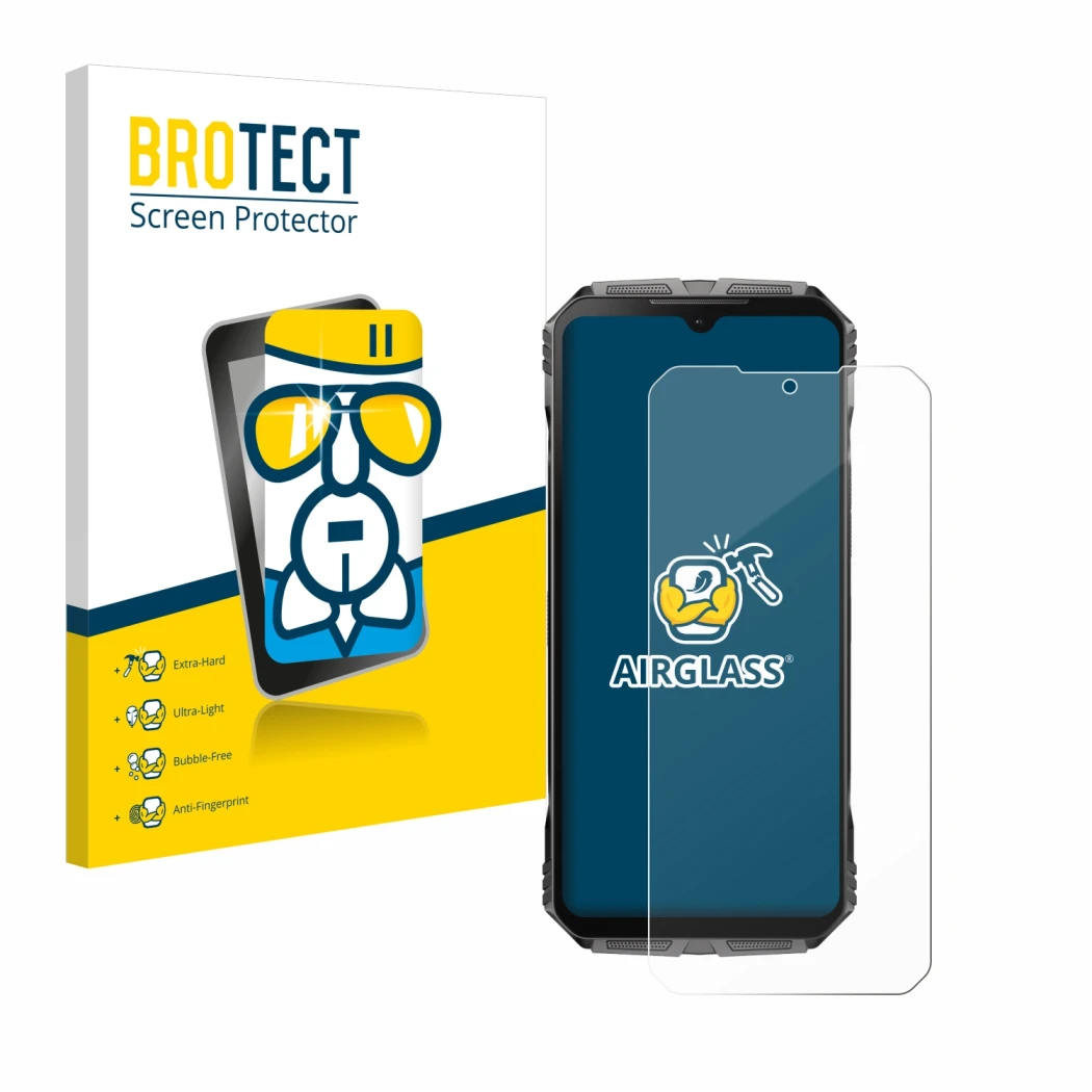 Face avant d’un emballage produit avec le logo de la marque BROTECT. À côté, l’appareil Doogee S Cyber Pro est représenté avec