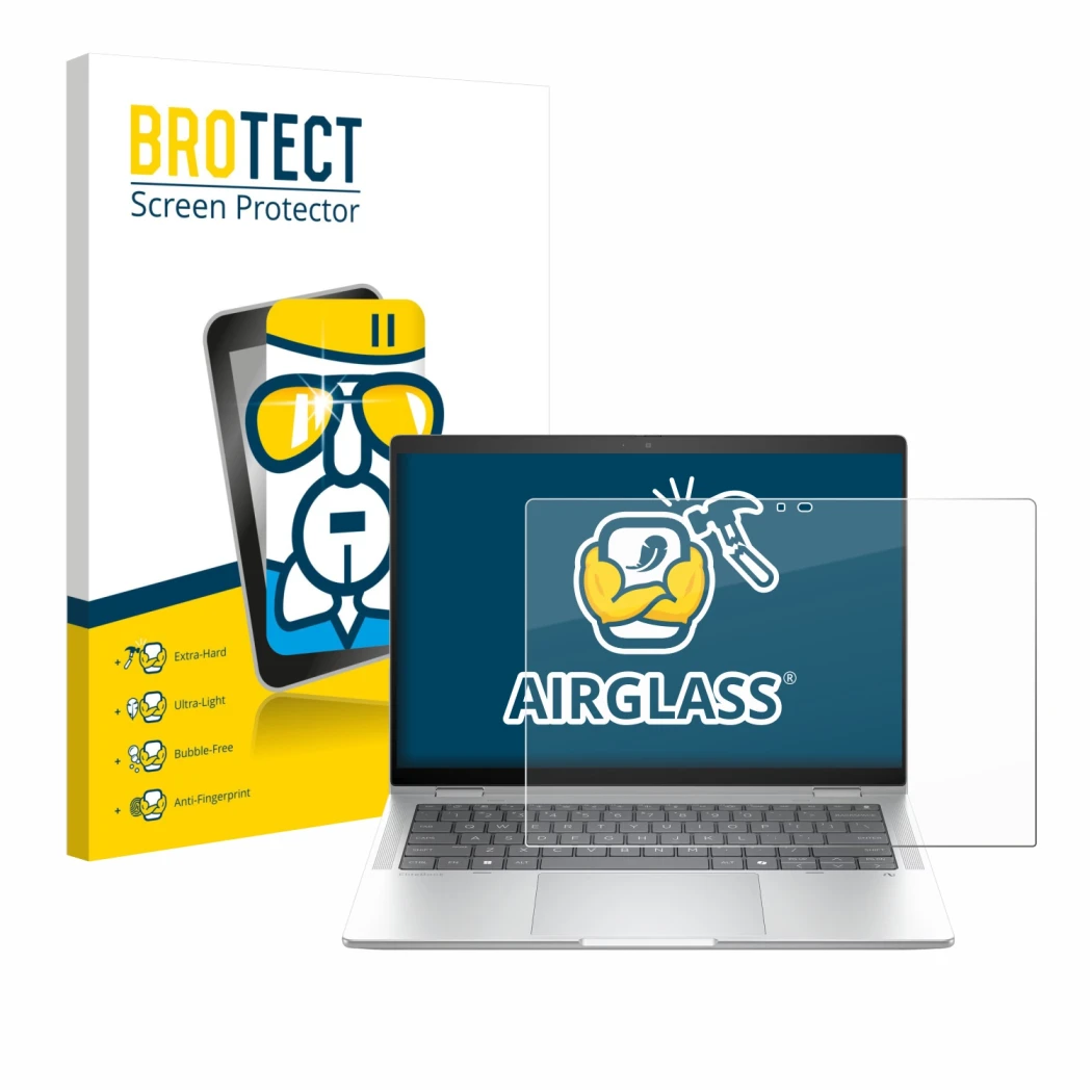 Face avant d’un emballage produit avec le logo de la marque BROTECT. À côté, l’appareil HP EliteBook X Flip G1i 14