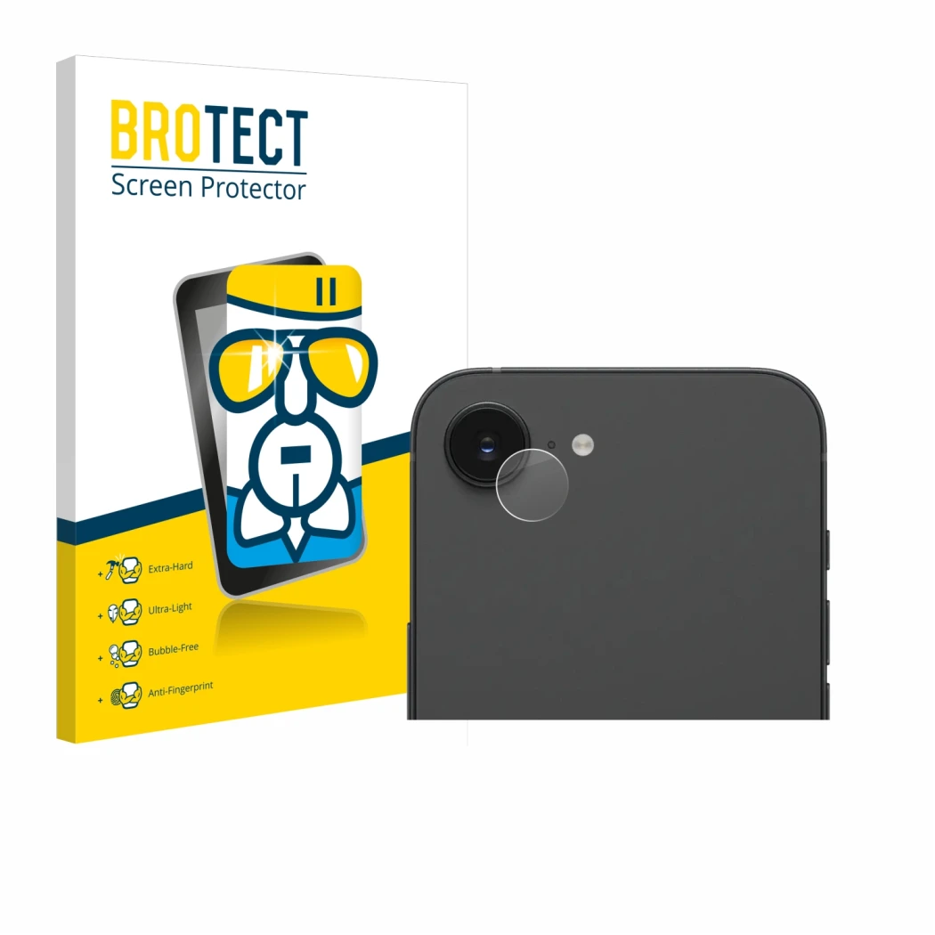 Face avant d’un emballage produit avec le logo de la marque BROTECT. À côté, l’appareil Apple iPhone 16e (Caméra UNIQUEMENT) e