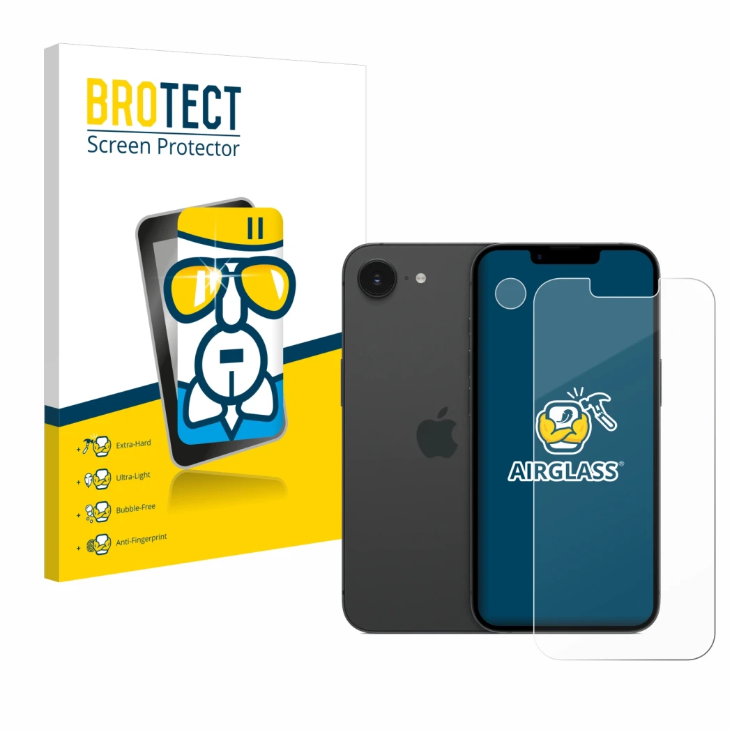 Face avant d’un emballage produit avec le logo de la marque BROTECT. À côté, l’appareil Apple iPhone 16e (Avant+Caméra) est re