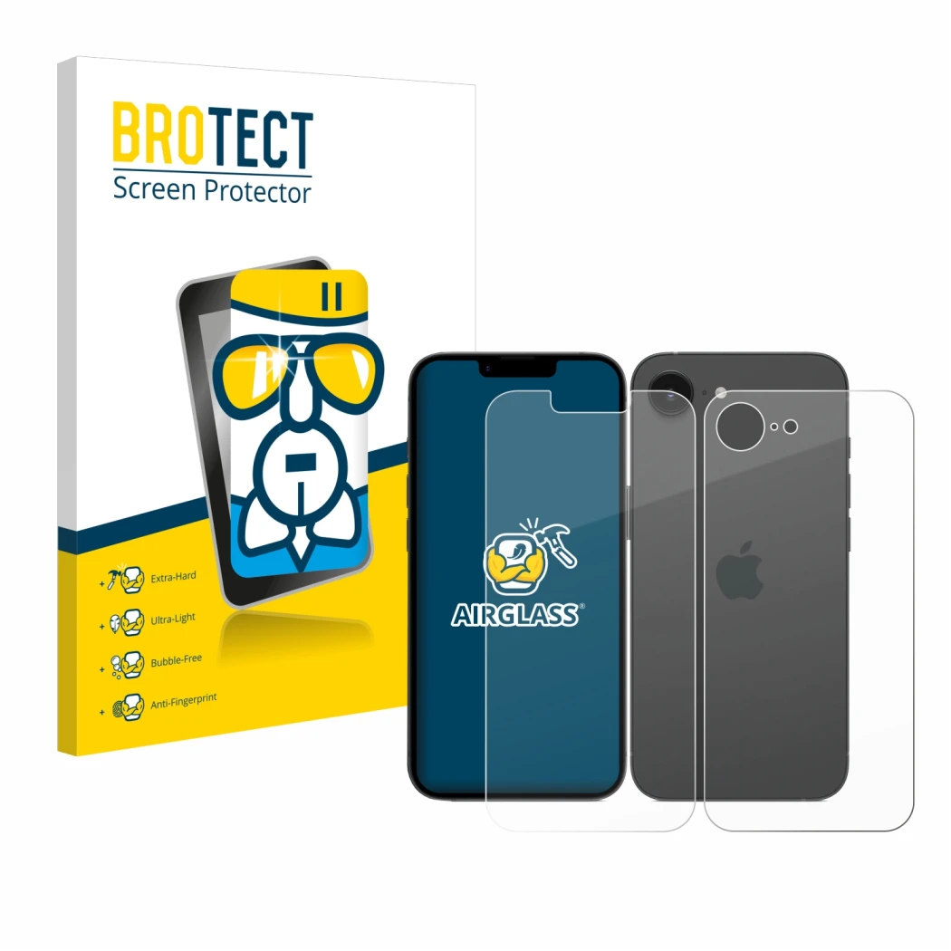 Face avant d’un emballage produit avec le logo de la marque BROTECT. À côté, l’appareil Apple iPhone 16e (Avant+Arrière) est r