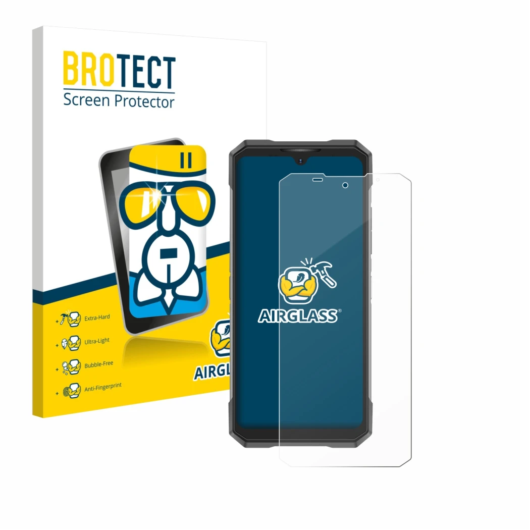 Face avant d’un emballage produit avec le logo de la marque BROTECT. À côté, l’appareil Doogee S200X est représenté avec la pr