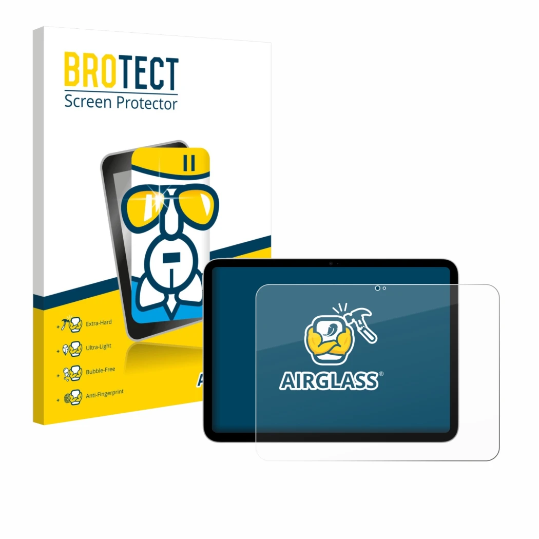 Face avant d’un emballage produit avec le logo de la marque BROTECT. À côté, l’appareil Apple iPad A16 11