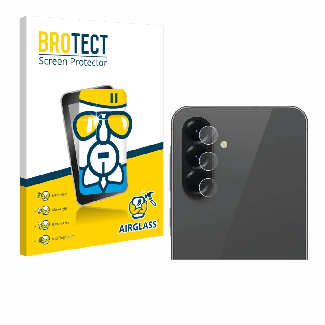 Face avant d’un emballage produit avec le logo de la marque BROTECT. À côté, l’appareil Samsung Galaxy A56 5G (Caméra UNIQUEME