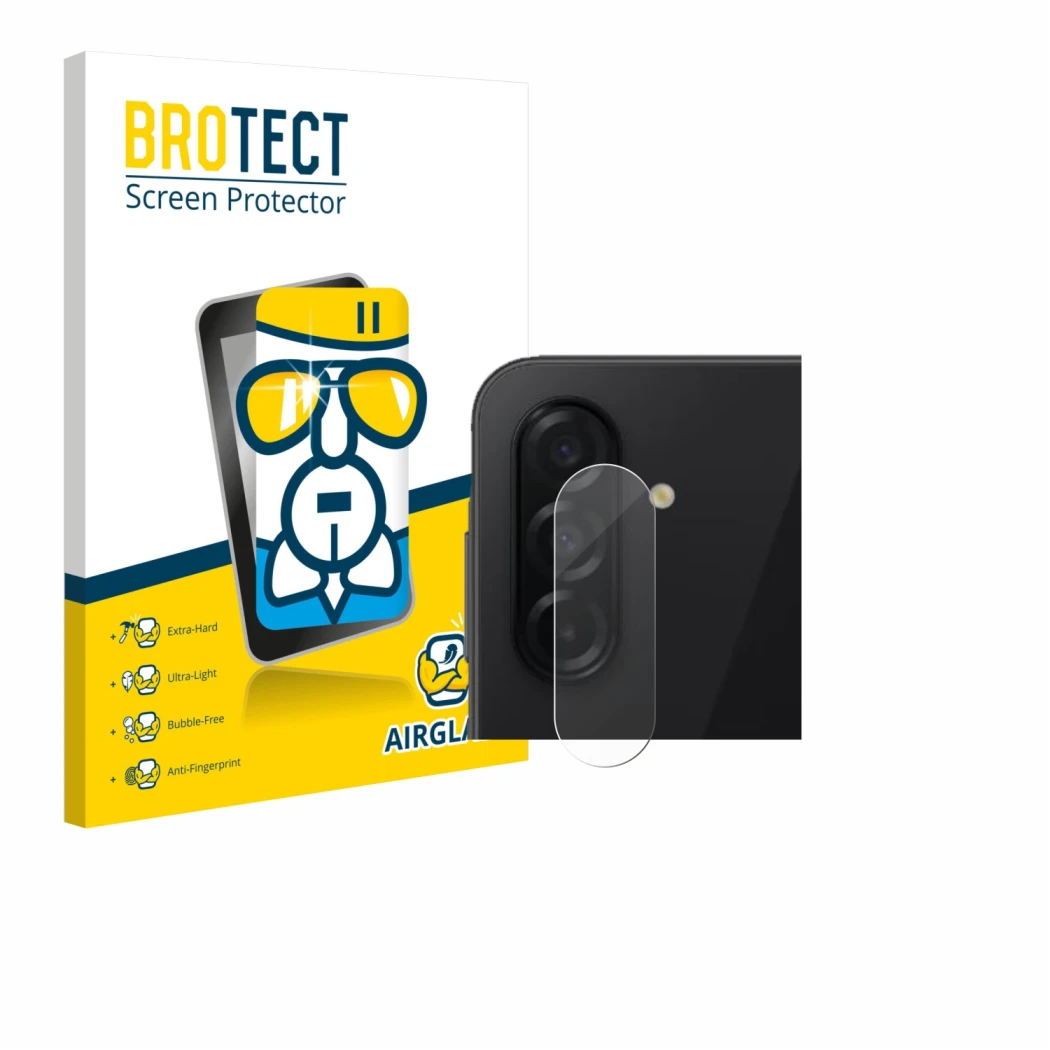 Face avant d’un emballage produit avec le logo de la marque BROTECT. À côté, l’appareil Samsung Galaxy A26 5G (Caméra UNIQUEME