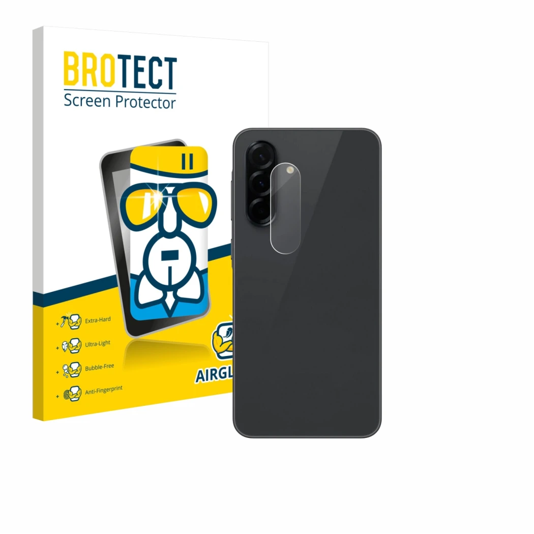 Face avant d’un emballage produit avec le logo de la marque BROTECT. À côté, l’appareil Samsung Galaxy A36 5G (Caméra UNIQUEME