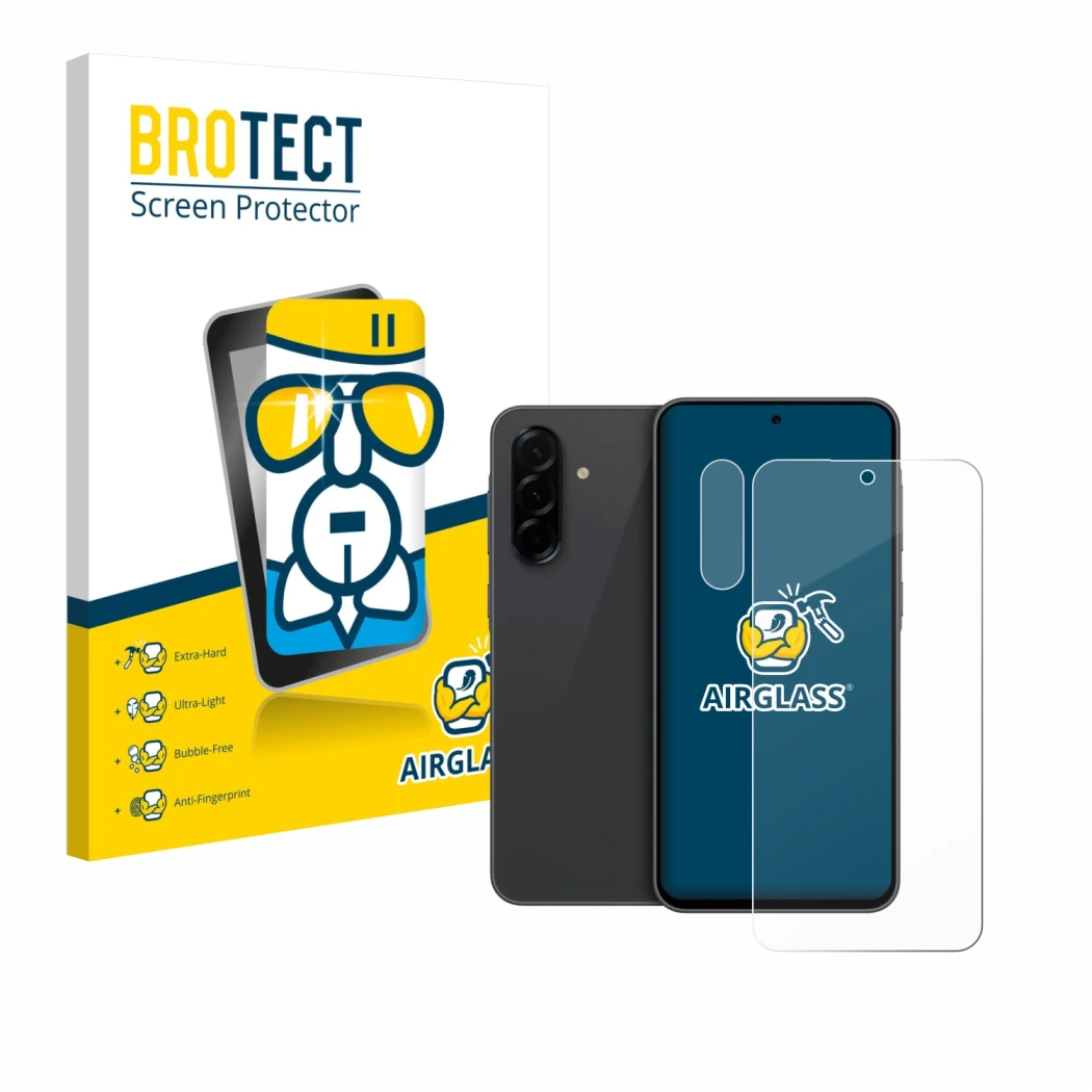 Face avant d’un emballage produit avec le logo de la marque BROTECT. À côté, l’appareil Samsung Galaxy A36 5G (Avant+Caméra) e