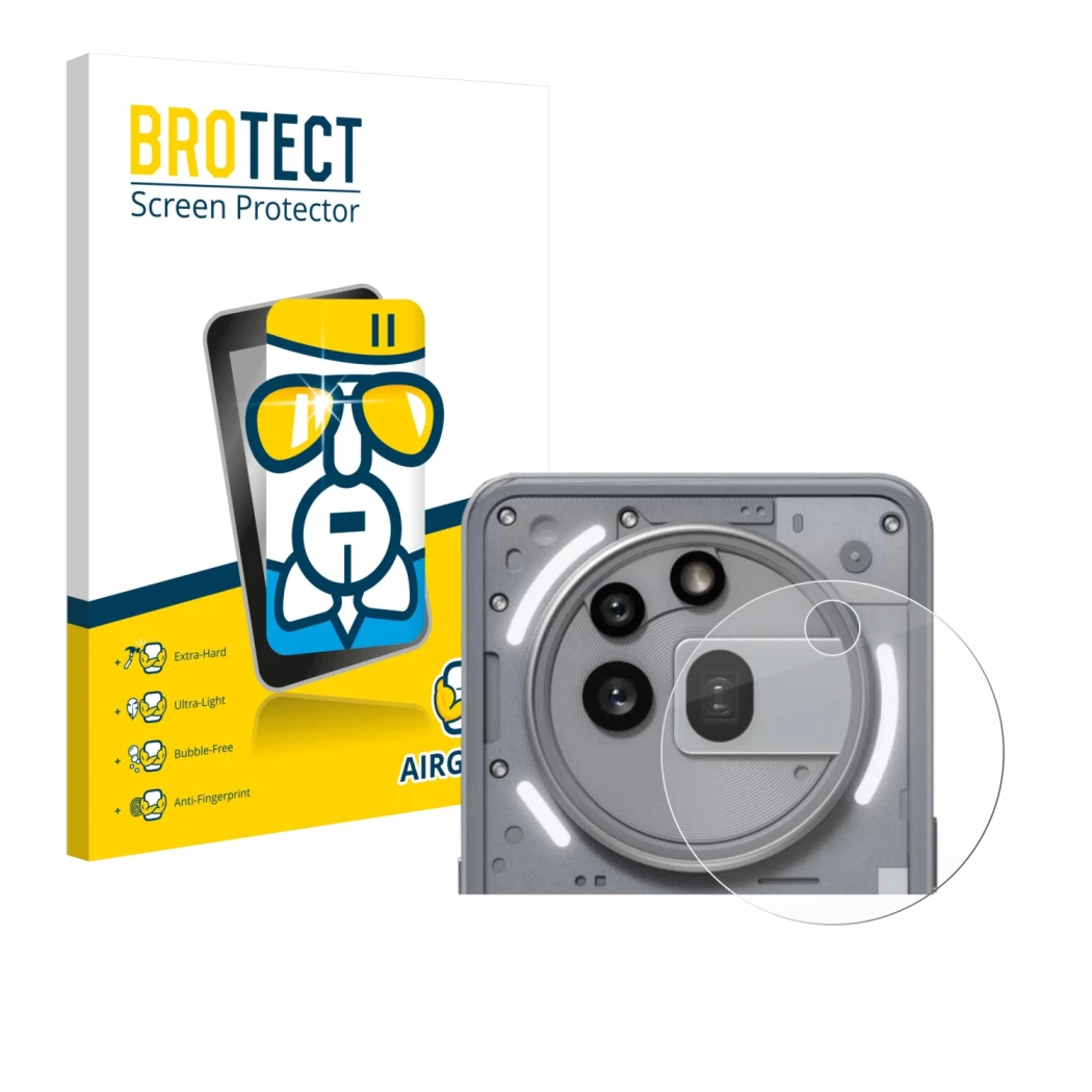 Face avant d’un emballage produit avec le logo de la marque BROTECT. À côté, l’appareil Nothing Phone (3a) Pro (Caméra UNIQUEM