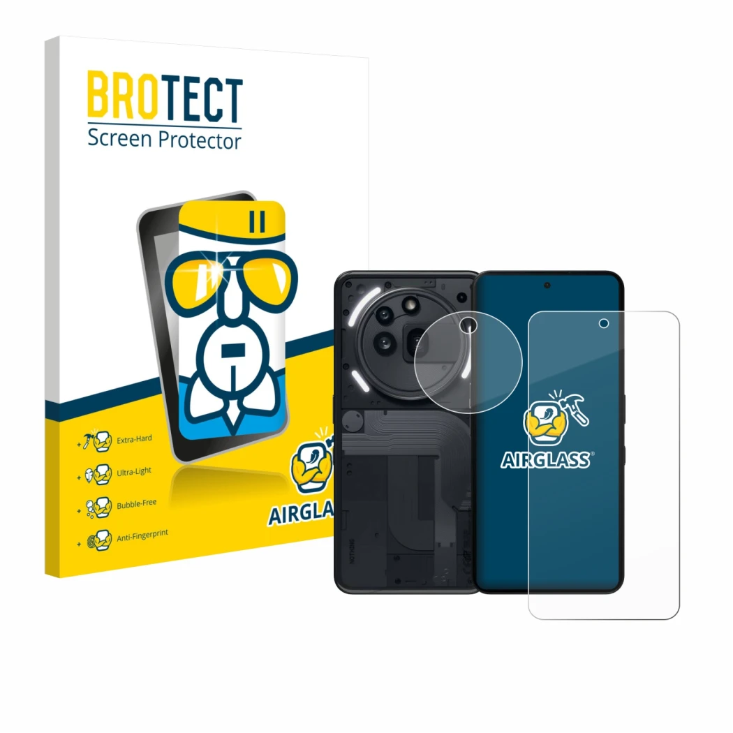 Face avant d’un emballage produit avec le logo de la marque BROTECT. À côté, l’appareil Nothing Phone (3a) Pro (Avant+Caméra)