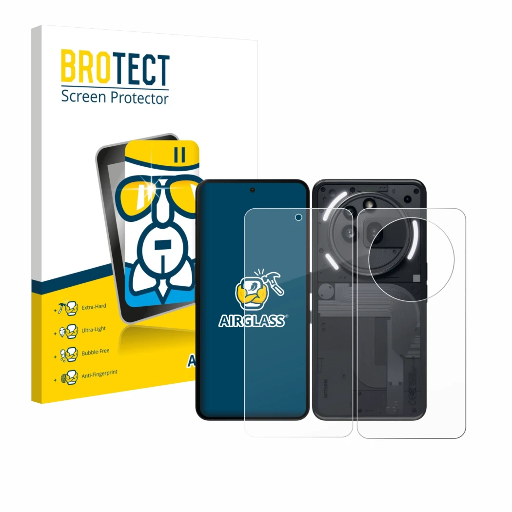 Face avant d’un emballage produit avec le logo de la marque BROTECT. À côté, l’appareil Nothing Phone (3a) Pro (Avant+Arrière)