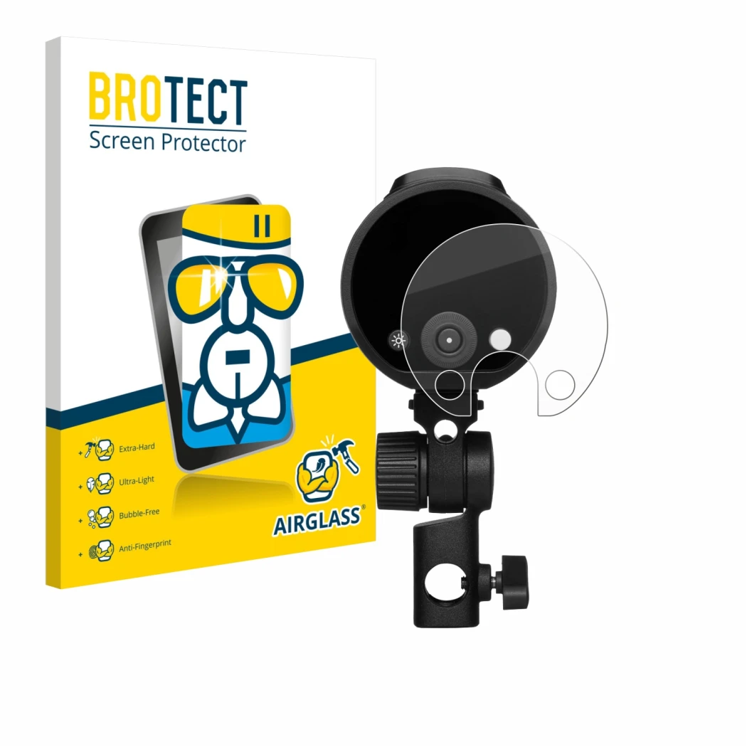 Face avant d’un emballage produit avec le logo de la marque BROTECT. À côté, l’appareil Profoto A2 est représenté avec la prot